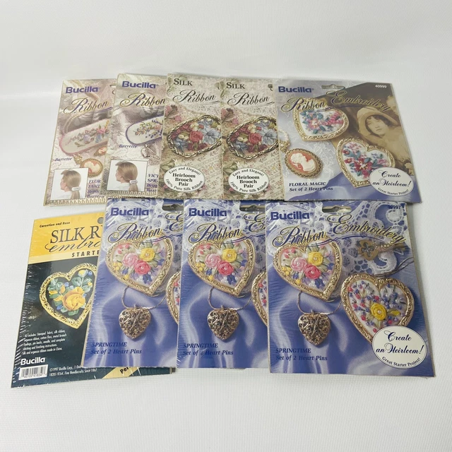 Kits de bordado de cinta Bucilla barras de seda broche pines en forma de corazón lote de 9