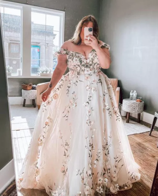 Plus Size Off the Shoulder Wedding Dresses with Flowers A Line Lace Appliques