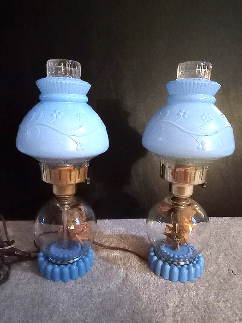 2 x GWTW Hurricane Floral Blue Milk Glass Globe Victorian Parlor Table 14" Lamps