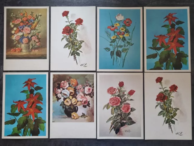 8 Cartoline Vintage anni '70, illustrazioni di fiori dipinti da artisti disabili