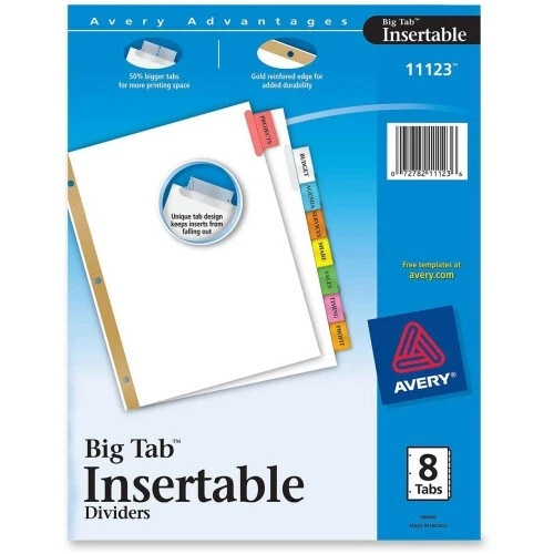 Insertable Dividers,28cm x 22cm ,8-Tab, Multi Tab/WE Paper AVE11123. Avery