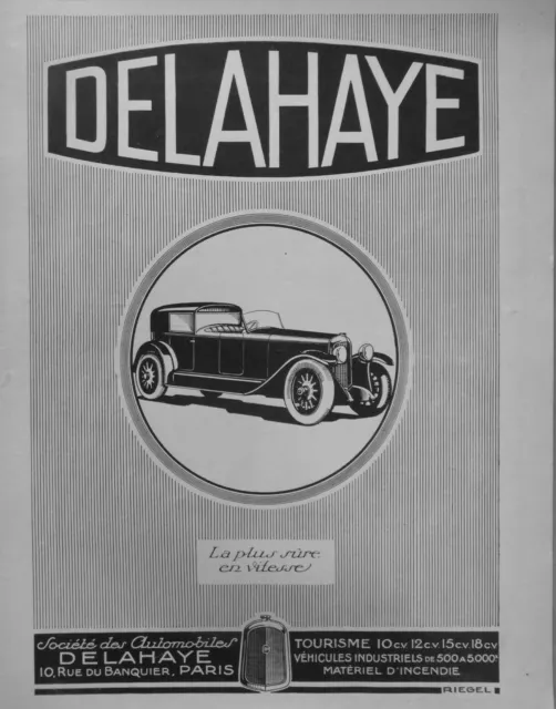 Publicité De Presse 1926 Automobile Delahaye 10 Cv La Plus Sûre En Vitesse
