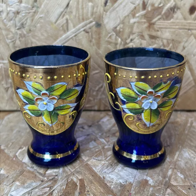 2 x Venetian? Bohemian? Cobalt Blue Glass Gold Hand Painted Cordial Shot Glass