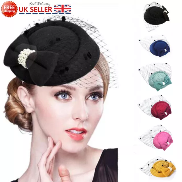 Royal Pillbox Hat Mesh Veil Fascinator Cap Headpiece Clip Wedding Party Hat UK