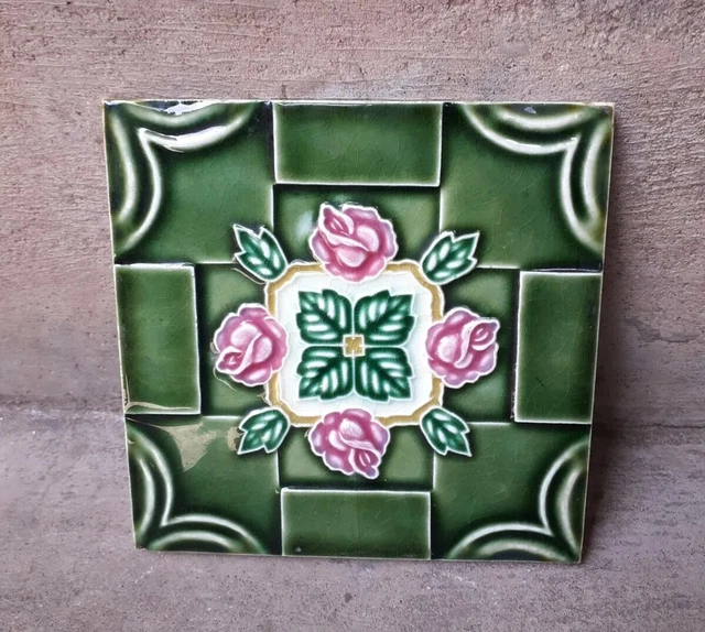 Rare Ceramic Flower Art Tile Porcelain Vintage Art  Made In Japan Crown Mark.