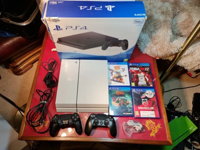 PS4 Sony PlayStation 4 Gaming Console 500gb Glacier White 2 Controller, 4 Games