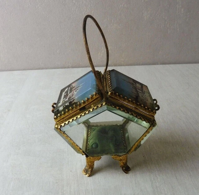 Ancien Coffret à Bijoux En Laiton Et Verre - Forme Carrée Vintage - Occasion Pour Collection Ou Déco