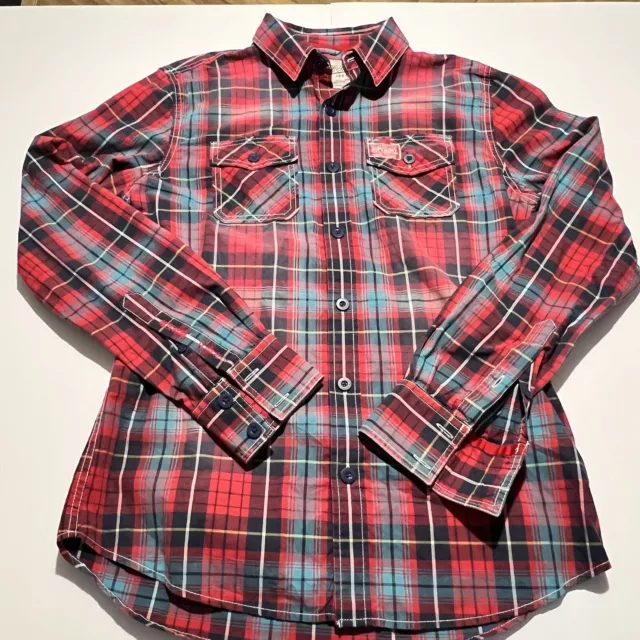 Superdry Shirt Mens Adult Size XL Red Blue Plaid Check Button-Down Long Casual