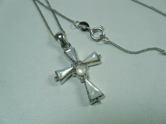 New Sterling Mother Of Pearl Cross Necklace Communion  Confirmation Baptism Gift