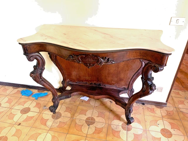 Console Luigoi Filippo 1850/60 In Noce Con Intagli E Marmo Rosa
