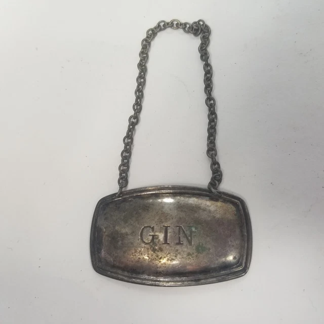 Liquor Bottle Decanter Tag Label GIN Silver Tone