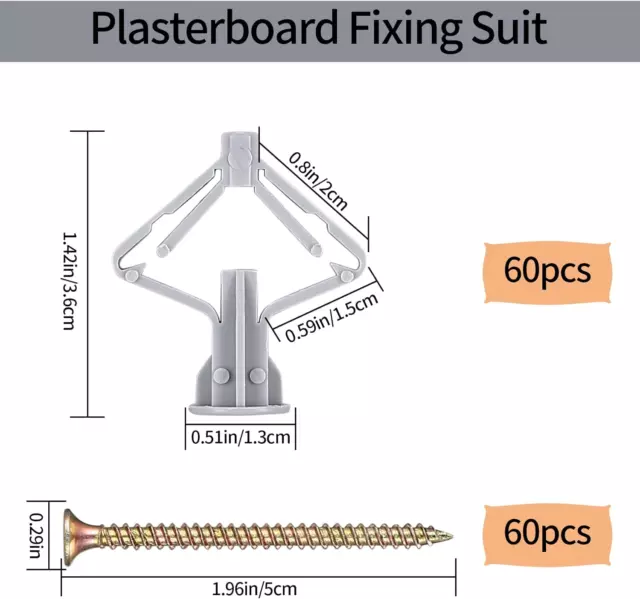 120 Pezzi Tasselli Con Viti per Cartongesso (60 Tasselli + 60 Vite Autofilettant 3