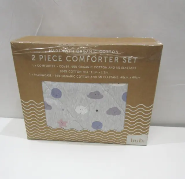 NEW bub. Organic Cotton 2 Piece Comforter Set -Grey With Clouds & Stars RRP$40