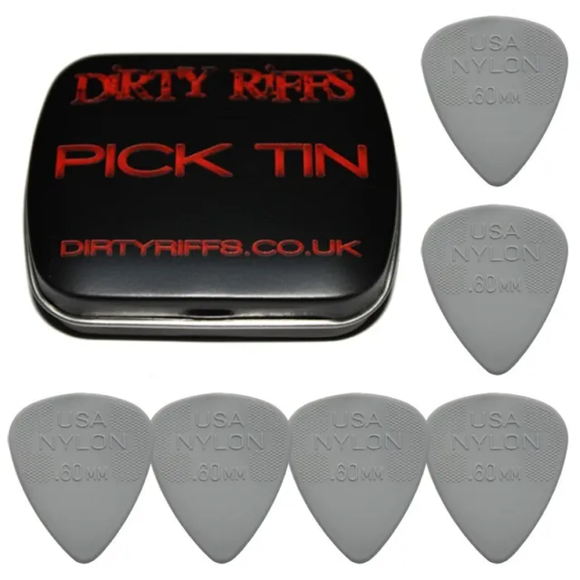 6 x Dunlop Nylon Standard 0.60mm Light Grey Guitar Picks In A Handy Pick Tin