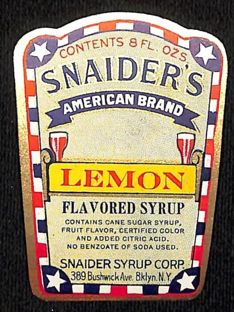 Lemon Syrup Snaider Syrup Corp. Brooklyn Paper Soda Label c1940's Patriotic