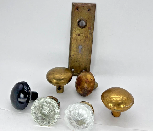 Victorian Antique 2 crystal  Glass Door Knobs Black knob 3 brass knobs AS IS