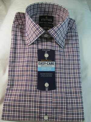 NWT STAFFORD EASY CARE BROADCLOTH STRETCH COMFORT DRESS SHIRT Burgundy Plaid