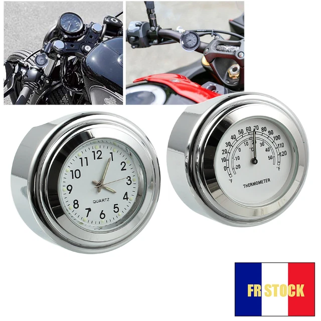 Horloge Et Thermomètre Pour Guidon Moto 7/8" - Cadran Blanc Chromé, étanche Et Facile à Monter