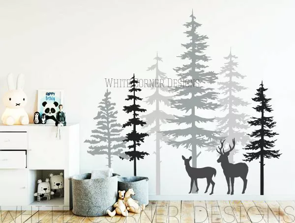 Pine Tree Forest Wall Decals - Tree Wall Decals, Forest Sticker, Deer Decals