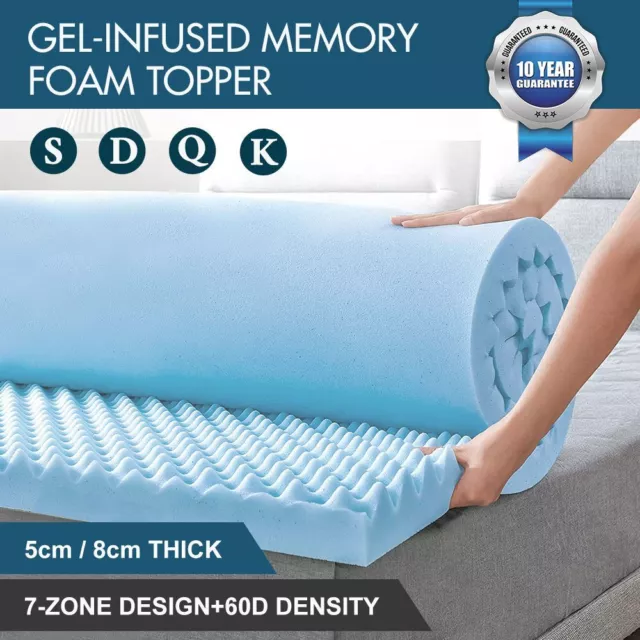 Memory Foam Mattress Topper Cool Gel Queen Matress Support Bedding 5/8cm 7-Zone