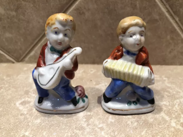 Vintage Pair Of Porcelain Figurines, Men Playing Musical Instruments Japan