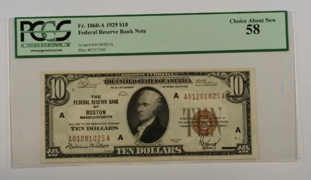1929 $10 Ten Dollar Boston FRBN Note PCGS About New 58 Fr. 1860-A