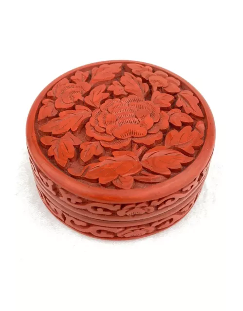 Chinese Red Cinnabar Peony Floral Carved Lacquer Trinket Ring Jewelry Box + Lid
