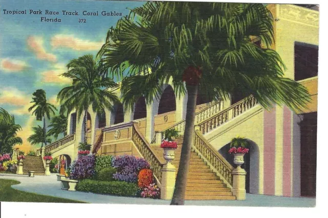 CN-344 FL Coral Gables Tropical Park Race Track Exterior Stairs Linen Postcard