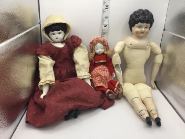 Vintage Porcelain Hands Face Feet Soft Body Dolls Victorian Lot of 3 READ