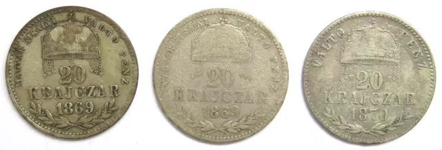 [R3091] Lot 3x 20 Krajczar (1869KB, 1869GYF, 1870 KB)