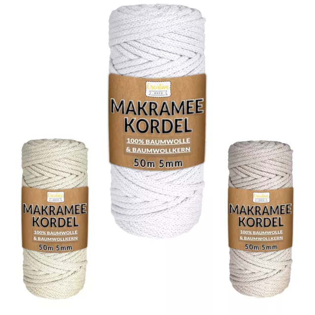 Creative Deco 50m Makramee-Garn Baumwoll-Kordel | 5 mm Dicke Schnur | 3 Farben