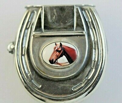 Horse Shoe Shape Silver Match Safe Vesta Case Racehorse enamel