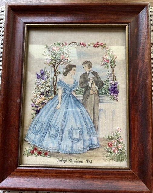 Bordado de pintura con aguja Hiawatha 8x10 completado Godey's moda 1863