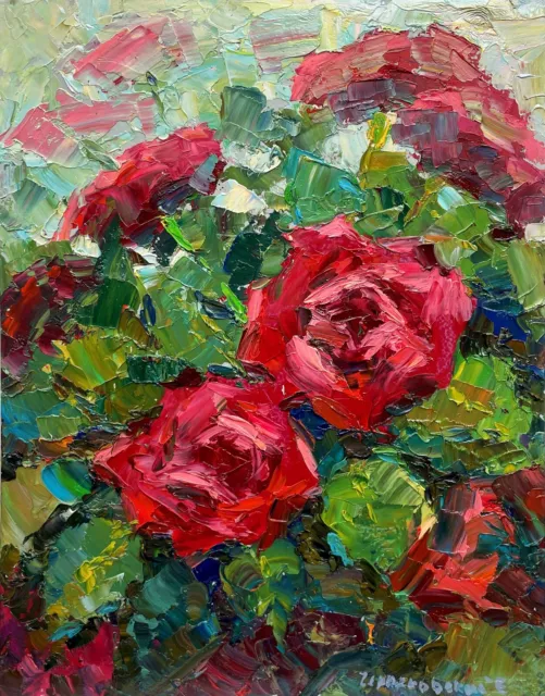 Roses painting Original art Impressionism Oil on panel by E Chernyakovsky