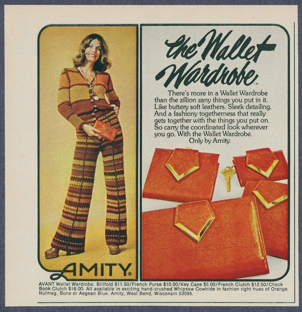 Amity Leather Wallet Crochet Fashion Vintage Magazine Print Ad 1974