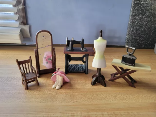 Collections Etc~Miniature~Doll House~Sewing Room~Ironing~Mirror~Wooden Furniture