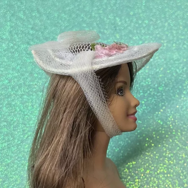 Barbie Doll White Bride Wedding Mesh Bonnet Hat With Chin Strap Pink Flowers