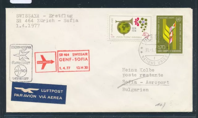 1575) Switzerland, SR FF Zurich - Sofia 1.4.77, letter from UN Geneva