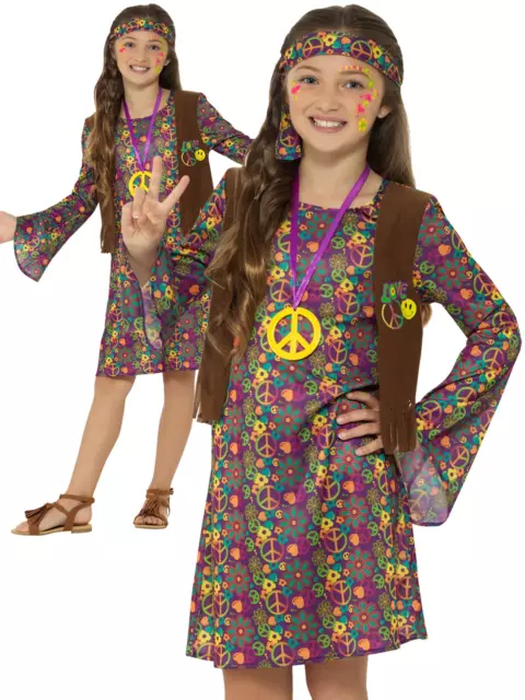 Girls Hippie Costume Hippy 60s 70s Retro Party Kids Fancy Dress + Accessories