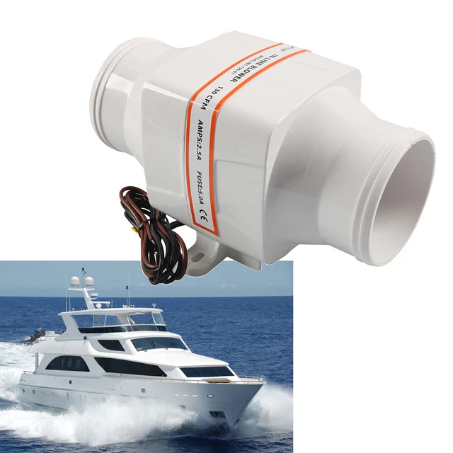 3Inch 2.5A 12V 130CFM 4 Blade White Marine Boat Bilge Galleys In-Line Air Blower