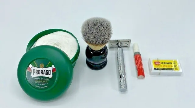 Proraso Shaving Set with(S.Soap+Feather Blades+Alum Pencil+D.Edge Razor+Brush)