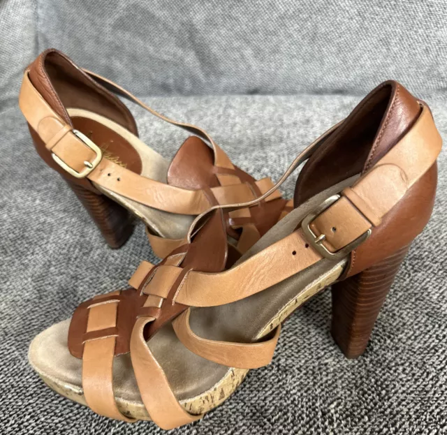 COLE HAAN AIR 8 Brown Tan Buckle Strappy Woven Cork Platform Stacked Heels Shoes