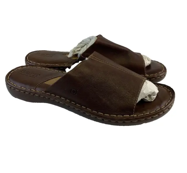 Born Brown Leather Slide Sandal Handmade Slip On Flat W5518 Wide Band Womens 9