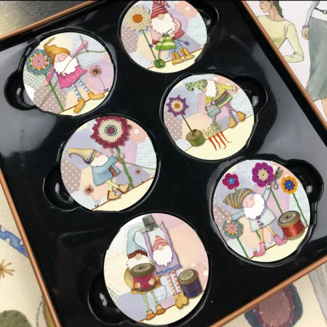 PATTERN WEIGHTS 'Crafting Gnomes' by Emma Ball SET OF 6 WEIGHTS IN A GIFT TIN