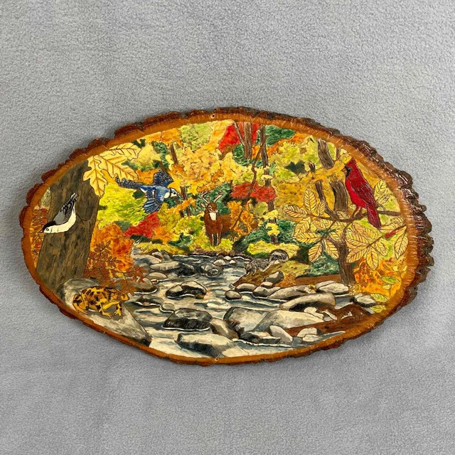 Handmade Wood Slice Woodland Scene Carved Painted Cabin Decor Wall Hanging