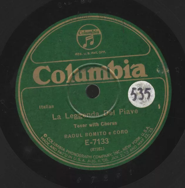 78rpm disc COLUMBIA La Legenda del Piave (E.A.Mario) Raoul Romito USA