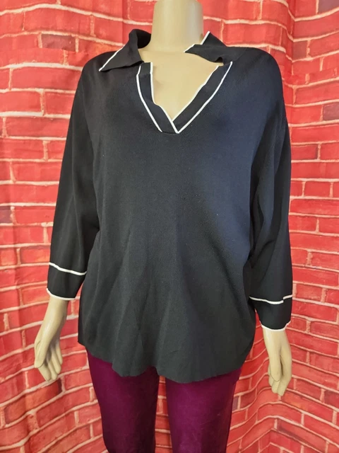 ALC, Knit V-Neck Women's Sweater Tank Top  Black/White 2X 3/4 SLEEVES #002