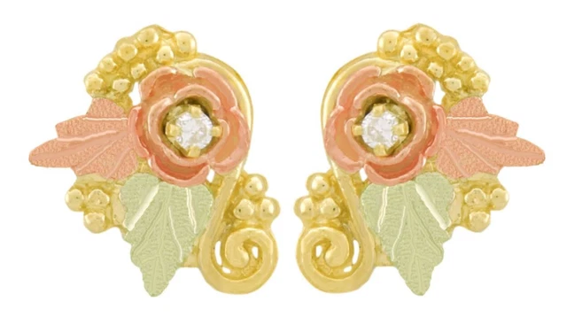 10k black hills gold three point Diamond  Rosebud earrings