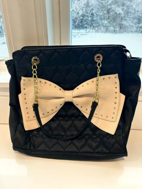 Betsey Johnson Large Heart Patterned Tote Bag with Chic Off-White Bow