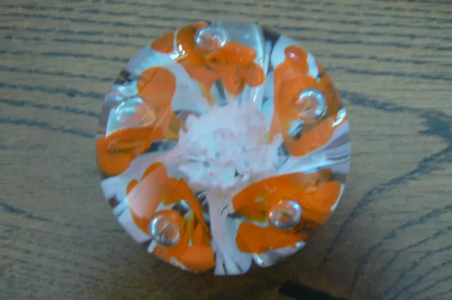 Vintage Gibson Art Glass Paperweight Orange White Flowers Controlled Bubble 1988